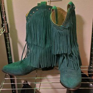 Smoky Mountain Wisteria Boots Teal Suede Double Fringe Pointed Toe